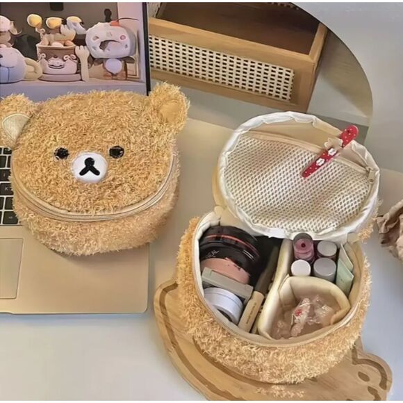 Furry Fluffy Bear Travel Cosmetic Bag Stitched Face - Picture 5 of 8